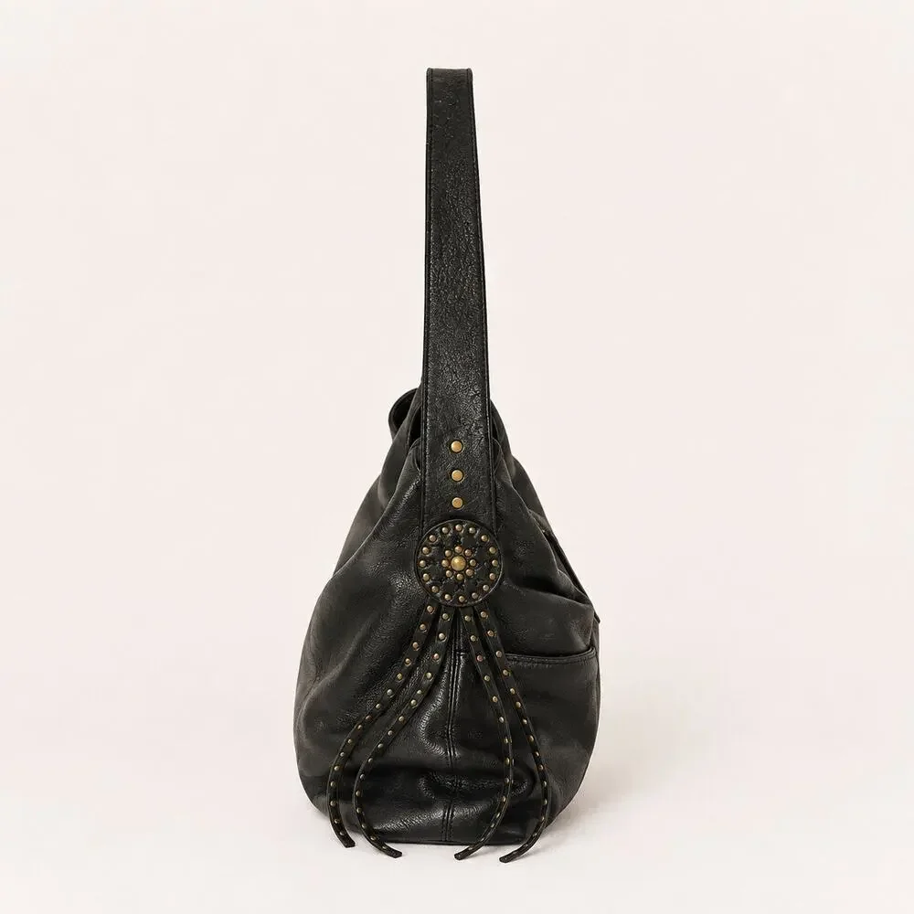 Perlina Black Genuine Leather Studded Hobo Shoulder Bag Boho